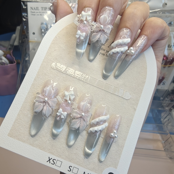 3D Pink Flower and Bow Tie Handmade Press-on Long Nail Set - Picture 3 of 11